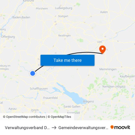 Verwaltungsverband Donaueschingen to Gemeindeverwaltungsverband Dietenheim map