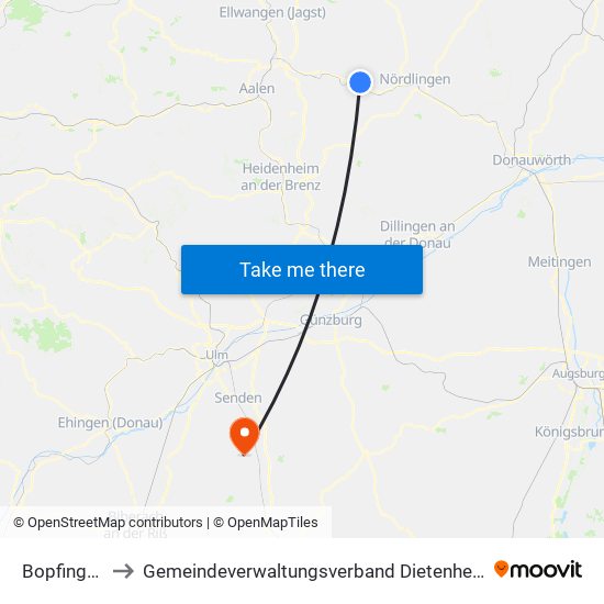 Bopfingen to Gemeindeverwaltungsverband Dietenheim map