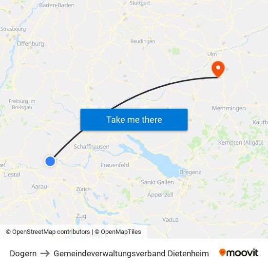 Dogern to Gemeindeverwaltungsverband Dietenheim map