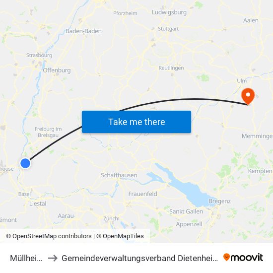 Müllheim to Gemeindeverwaltungsverband Dietenheim map