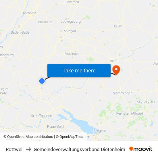 Rottweil to Gemeindeverwaltungsverband Dietenheim map