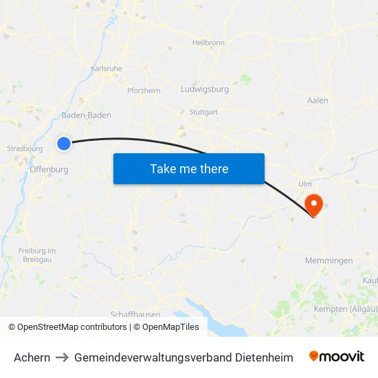 Achern to Gemeindeverwaltungsverband Dietenheim map