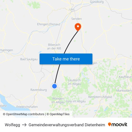 Wolfegg to Gemeindeverwaltungsverband Dietenheim map