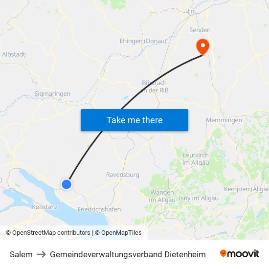 Salem to Gemeindeverwaltungsverband Dietenheim map