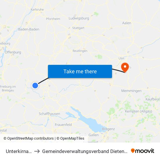 Unterkirnach to Gemeindeverwaltungsverband Dietenheim map