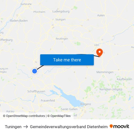 Tuningen to Gemeindeverwaltungsverband Dietenheim map