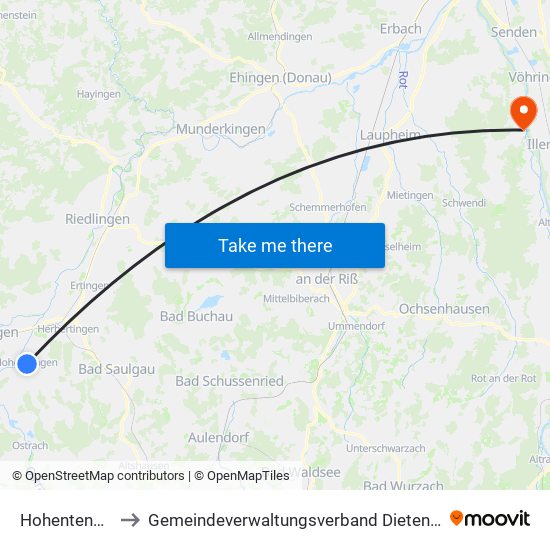 Hohentengen to Gemeindeverwaltungsverband Dietenheim map