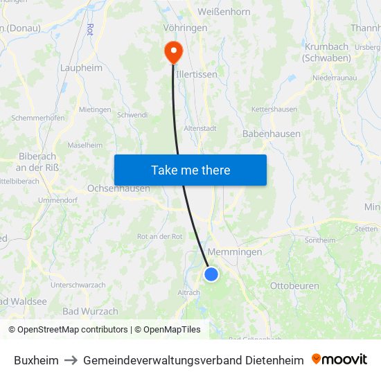 Buxheim to Gemeindeverwaltungsverband Dietenheim map