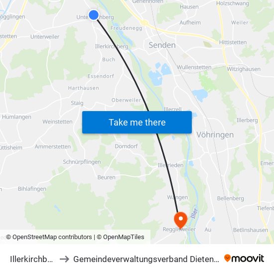 Illerkirchberg to Gemeindeverwaltungsverband Dietenheim map