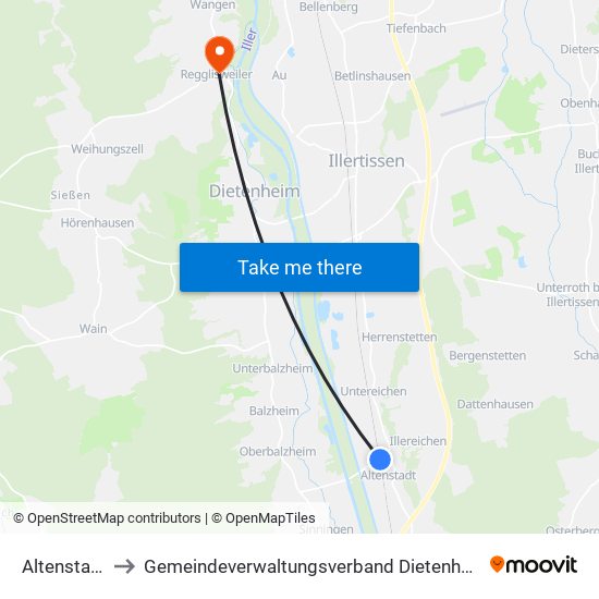 Altenstadt to Gemeindeverwaltungsverband Dietenheim map