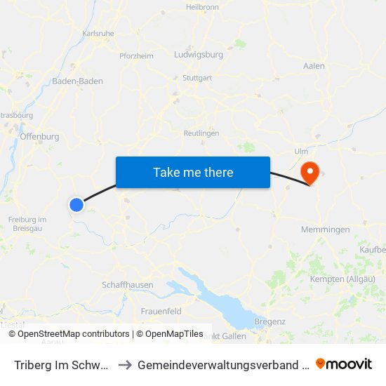Triberg Im Schwarzwald to Gemeindeverwaltungsverband Dietenheim map