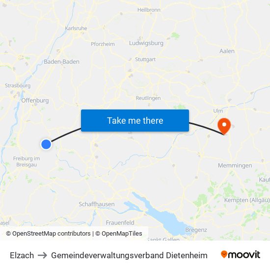 Elzach to Gemeindeverwaltungsverband Dietenheim map