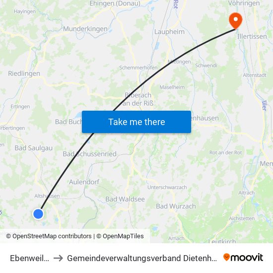 Ebenweiler to Gemeindeverwaltungsverband Dietenheim map