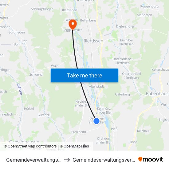 Gemeindeverwaltungsverband Illertal to Gemeindeverwaltungsverband Dietenheim map