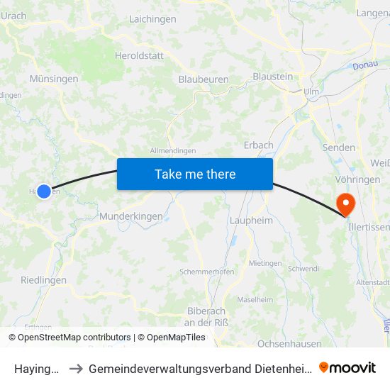 Hayingen to Gemeindeverwaltungsverband Dietenheim map