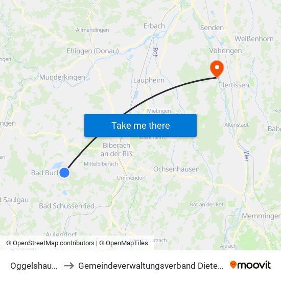Oggelshausen to Gemeindeverwaltungsverband Dietenheim map