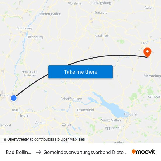Bad Bellingen to Gemeindeverwaltungsverband Dietenheim map