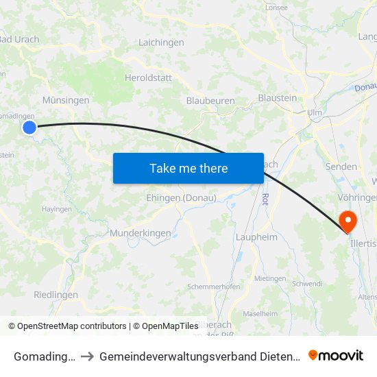 Gomadingen to Gemeindeverwaltungsverband Dietenheim map