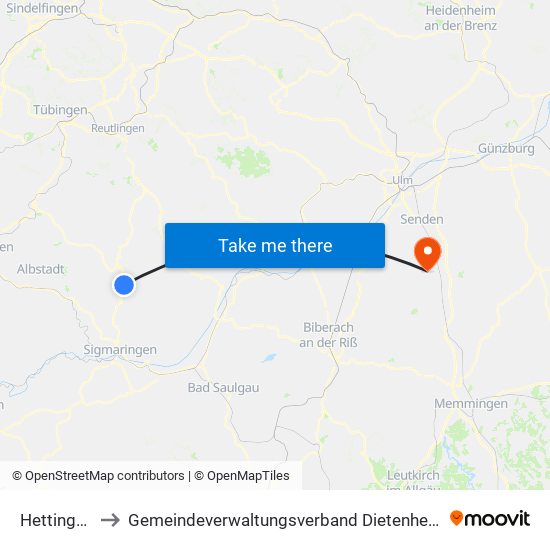 Hettingen to Gemeindeverwaltungsverband Dietenheim map