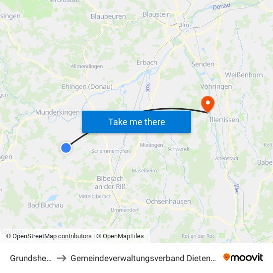 Grundsheim to Gemeindeverwaltungsverband Dietenheim map