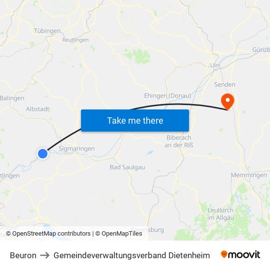 Beuron to Gemeindeverwaltungsverband Dietenheim map