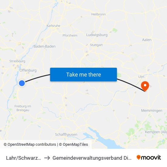 Lahr/Schwarzwald to Gemeindeverwaltungsverband Dietenheim map