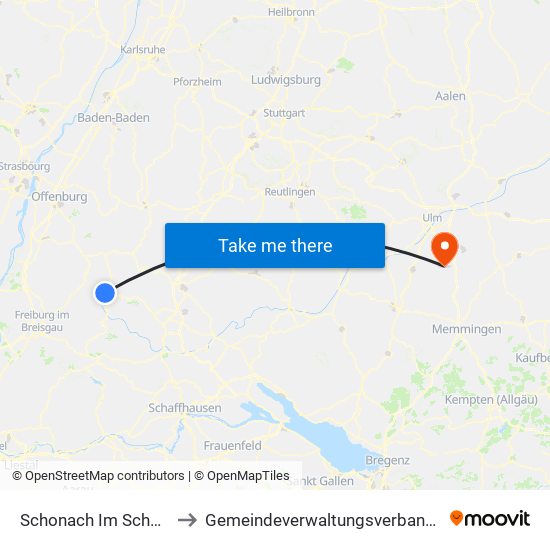 Schonach Im Schwarzwald to Gemeindeverwaltungsverband Dietenheim map