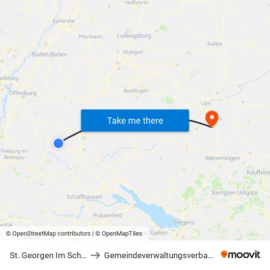 St. Georgen Im Schwarzwald to Gemeindeverwaltungsverband Dietenheim map