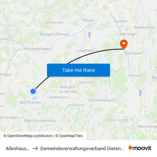 Alleshausen to Gemeindeverwaltungsverband Dietenheim map