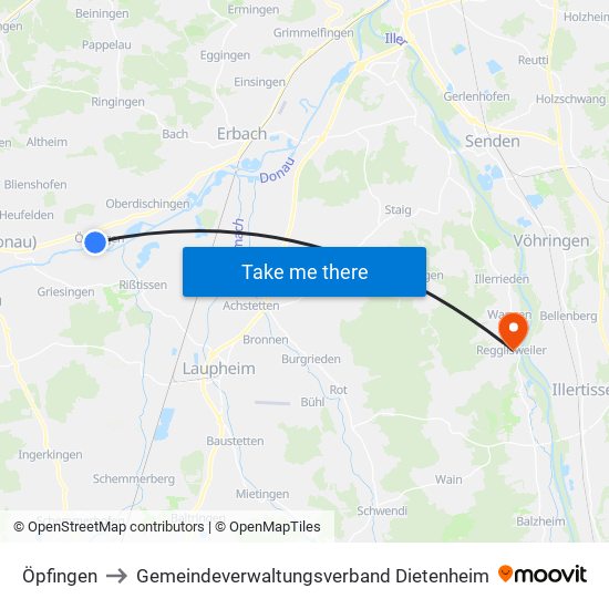 Öpfingen to Gemeindeverwaltungsverband Dietenheim map
