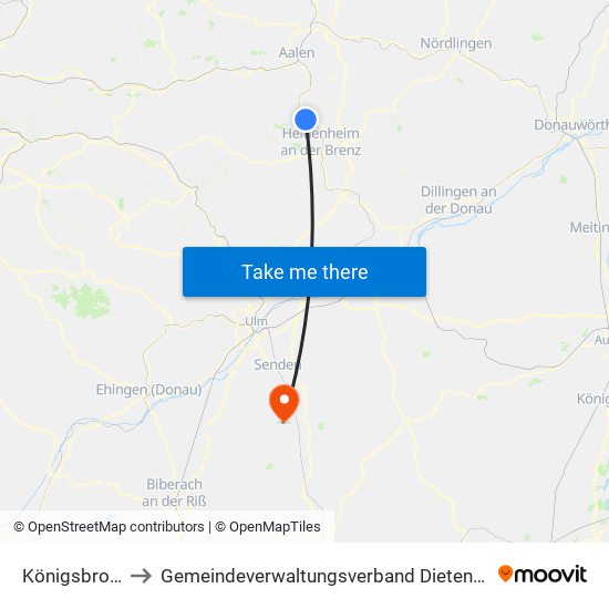 Königsbronn to Gemeindeverwaltungsverband Dietenheim map