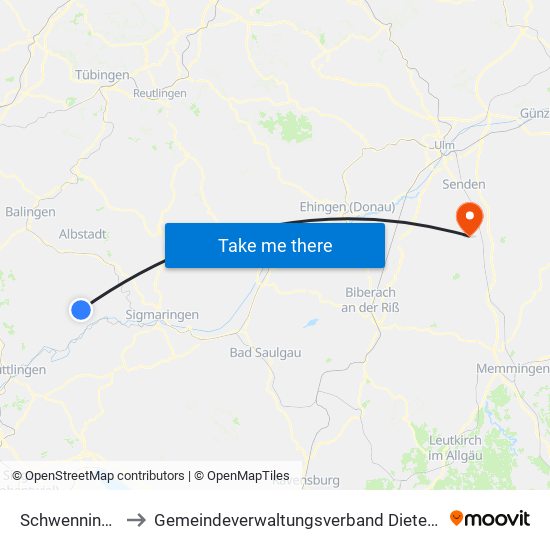 Schwenningen to Gemeindeverwaltungsverband Dietenheim map