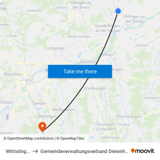 Wittislingen to Gemeindeverwaltungsverband Dietenheim map