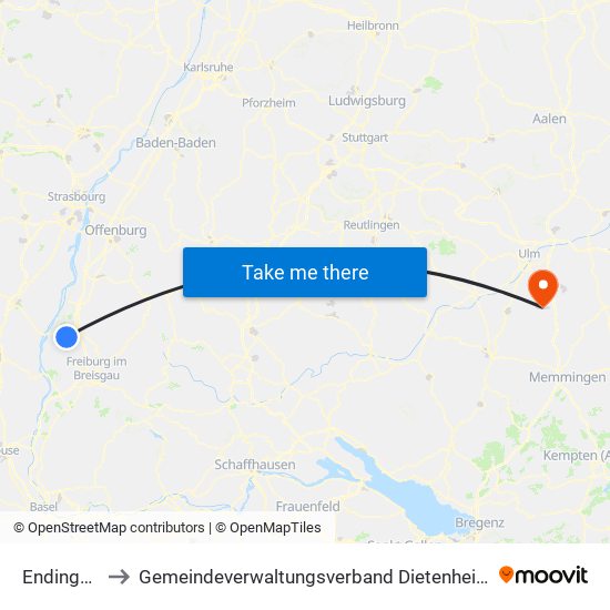 Endingen to Gemeindeverwaltungsverband Dietenheim map