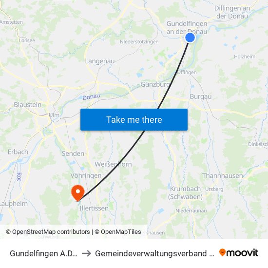 Gundelfingen A.D.Donau to Gemeindeverwaltungsverband Dietenheim map