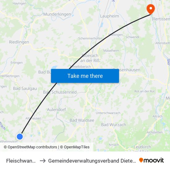 Fleischwangen to Gemeindeverwaltungsverband Dietenheim map