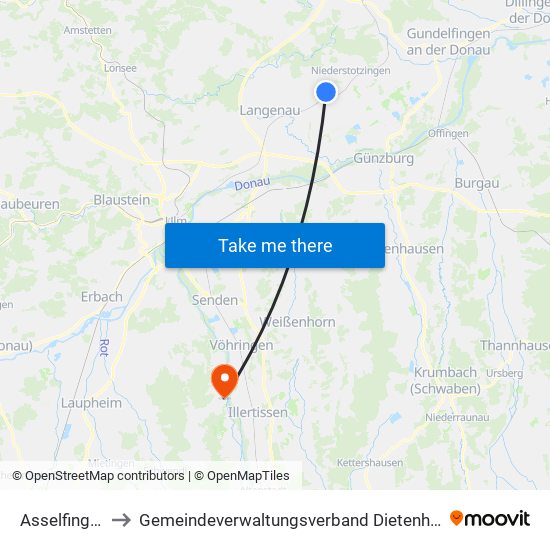 Asselfingen to Gemeindeverwaltungsverband Dietenheim map