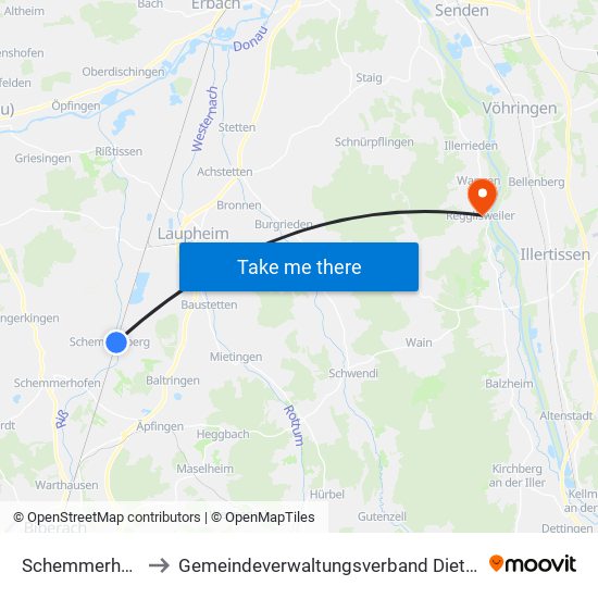 Schemmerhofen to Gemeindeverwaltungsverband Dietenheim map