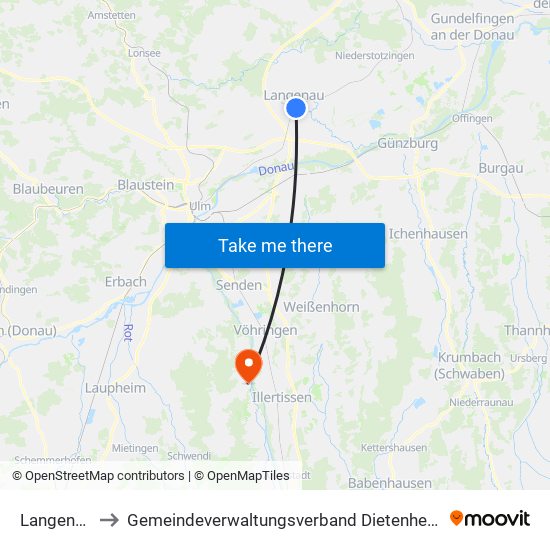 Langenau to Gemeindeverwaltungsverband Dietenheim map