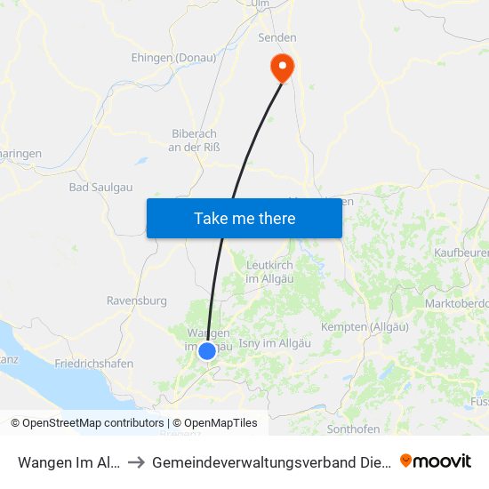 Wangen Im Allgäu to Gemeindeverwaltungsverband Dietenheim map