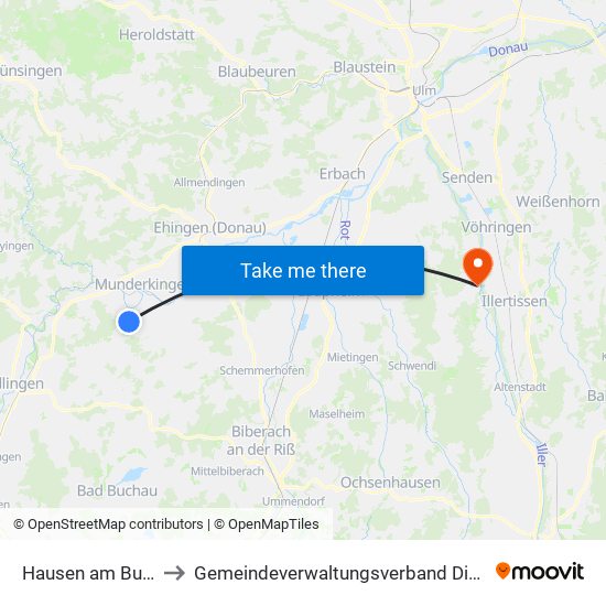 Hausen am Bussen to Gemeindeverwaltungsverband Dietenheim map