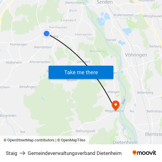 Staig to Gemeindeverwaltungsverband Dietenheim map