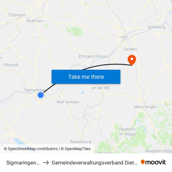 Sigmaringendorf to Gemeindeverwaltungsverband Dietenheim map