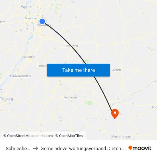 Schriesheim to Gemeindeverwaltungsverband Dietenheim map