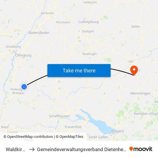 Waldkirch to Gemeindeverwaltungsverband Dietenheim map