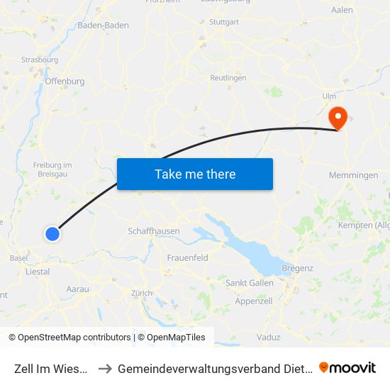 Zell Im Wiesental to Gemeindeverwaltungsverband Dietenheim map