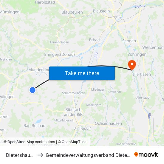 Dietershausen to Gemeindeverwaltungsverband Dietenheim map