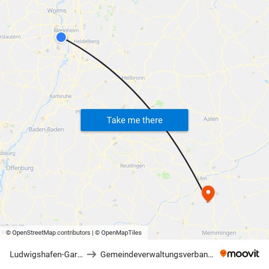 Ludwigshafen-Gartenstadt to Gemeindeverwaltungsverband Dietenheim map