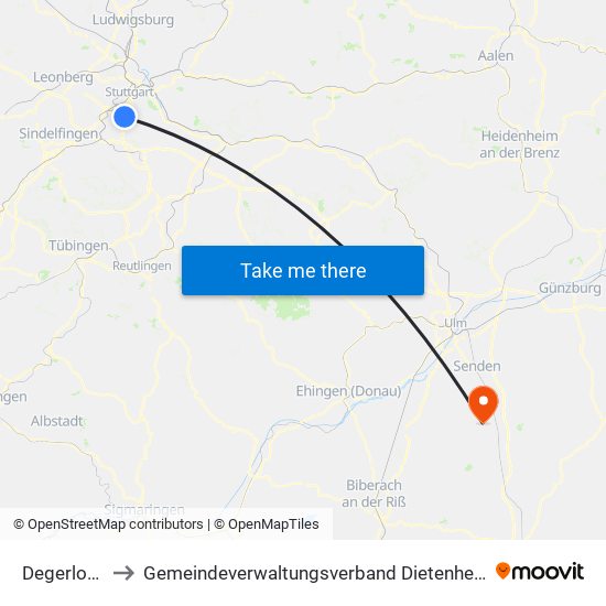 Degerloch to Gemeindeverwaltungsverband Dietenheim map