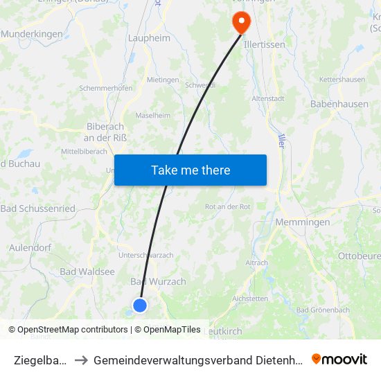 Ziegelbach to Gemeindeverwaltungsverband Dietenheim map